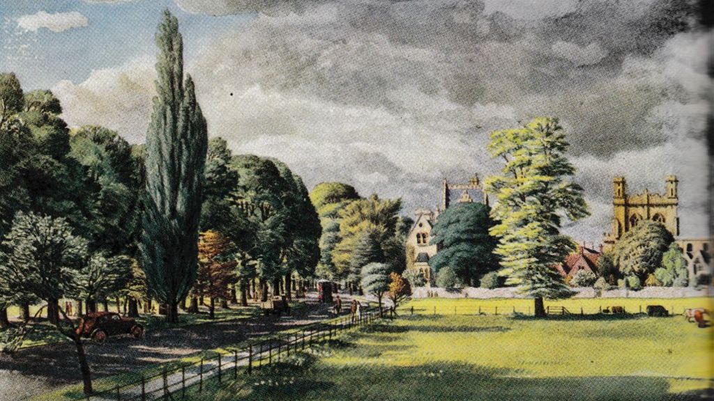 How the planned Christ Church Meadow is illustrated in Oxford Replanned, with five or six vehicles on it with a couple of pedestrians walking alongside it 