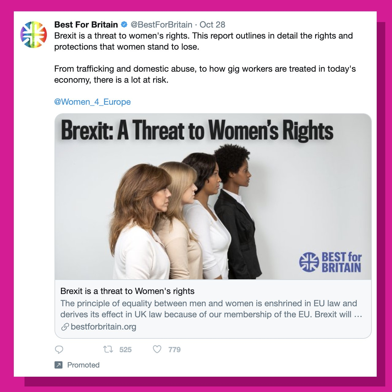 Ad placed by Best For Britain. The ad shows four women and says: "Brexit is a threat to women's rights".