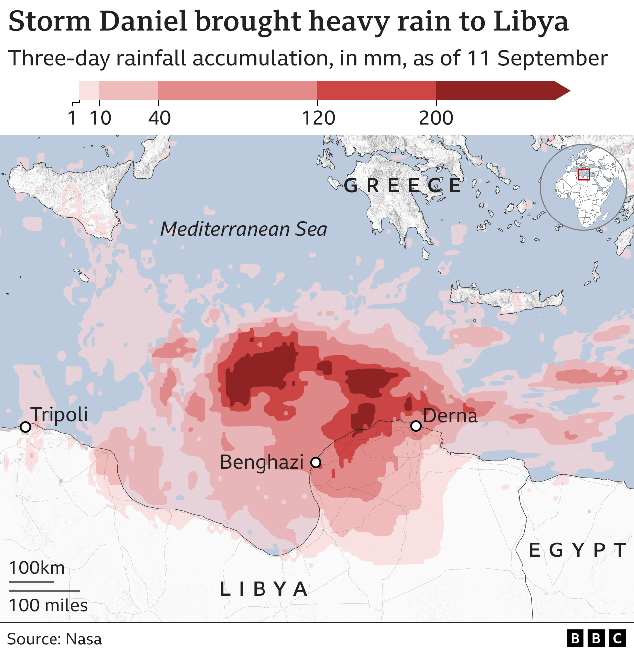 Map showing the heavy rainfall over northern Libya and highlighting Derna and Benghazi