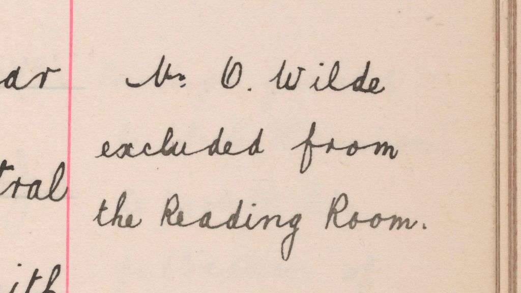 Detail from a page of British Library records with the handwritten note "Mr O. Wilde excluded from the reading room"