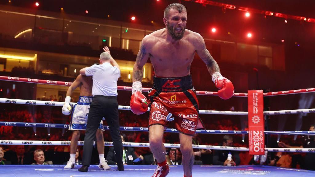 Anthony Cacace celebrates as the referee stops his fight with Joe Cordina