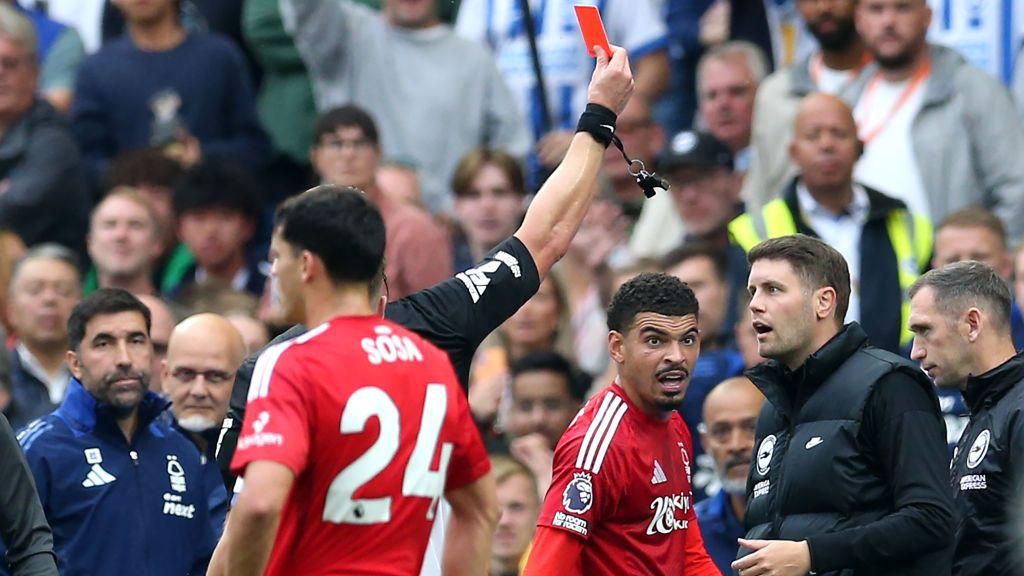 Brighton boss Fabian Hurzeler and Nottingham Forest's Morgan Gibbs-White were among those to be sent off