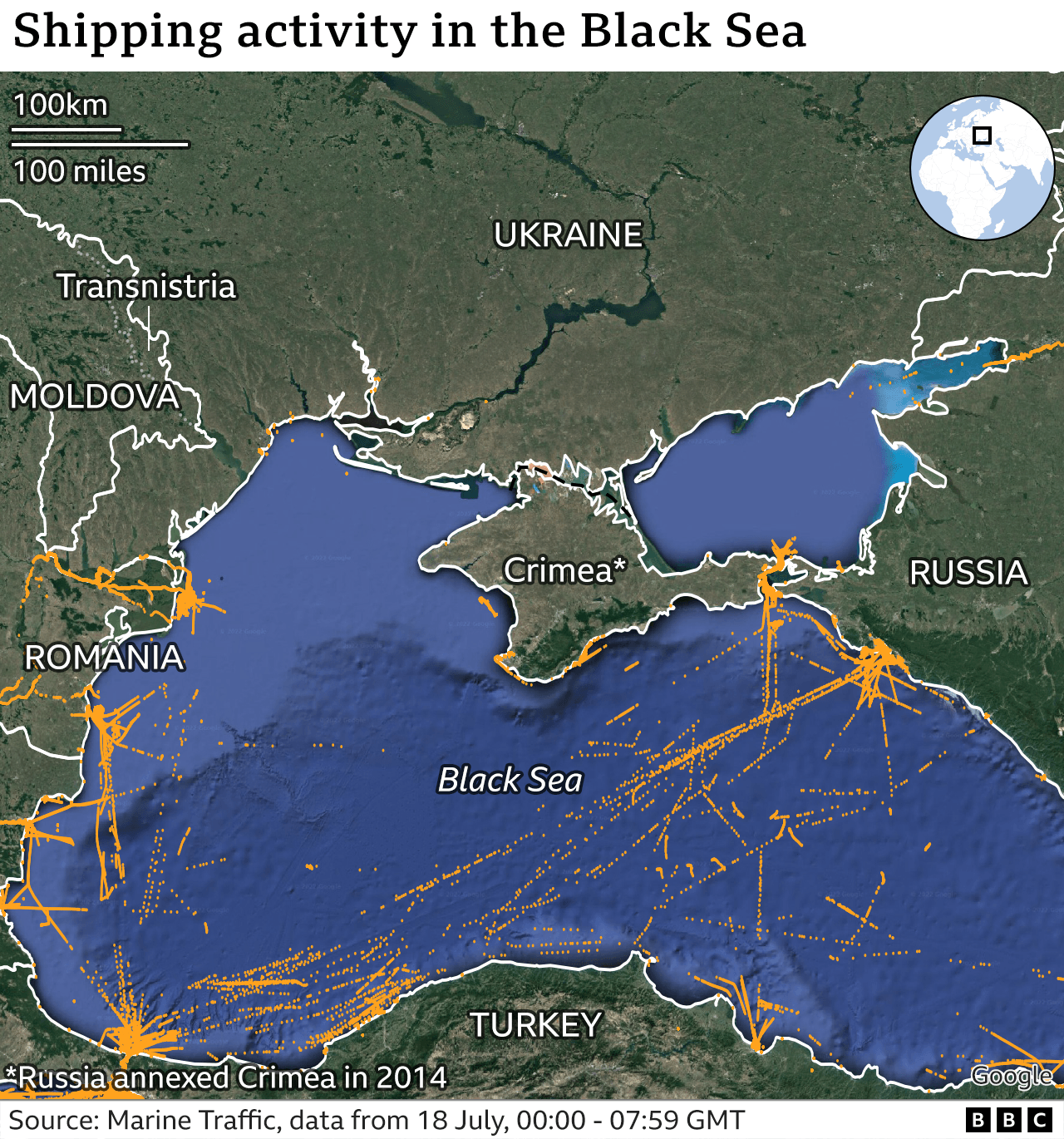 Map showing shipping activity in the Black Sea