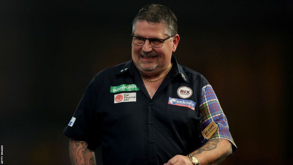 Gary Anderson in action at the PDC European Darts Grand Prix.