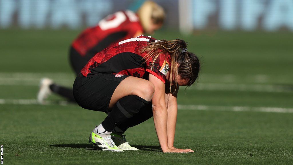 Canada's Vanessa Gilles shows her disappointment after the Olympic champions were held to a goalless draw by Nigeria in their World Cup opener