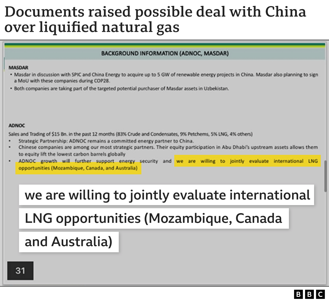 Graphic showing quotes from briefing document for the UAE COP28 team's meeting with China, saying they were "willing to jointly evaluate international LNG opportunities (Mozambique, Canada, Australia)"