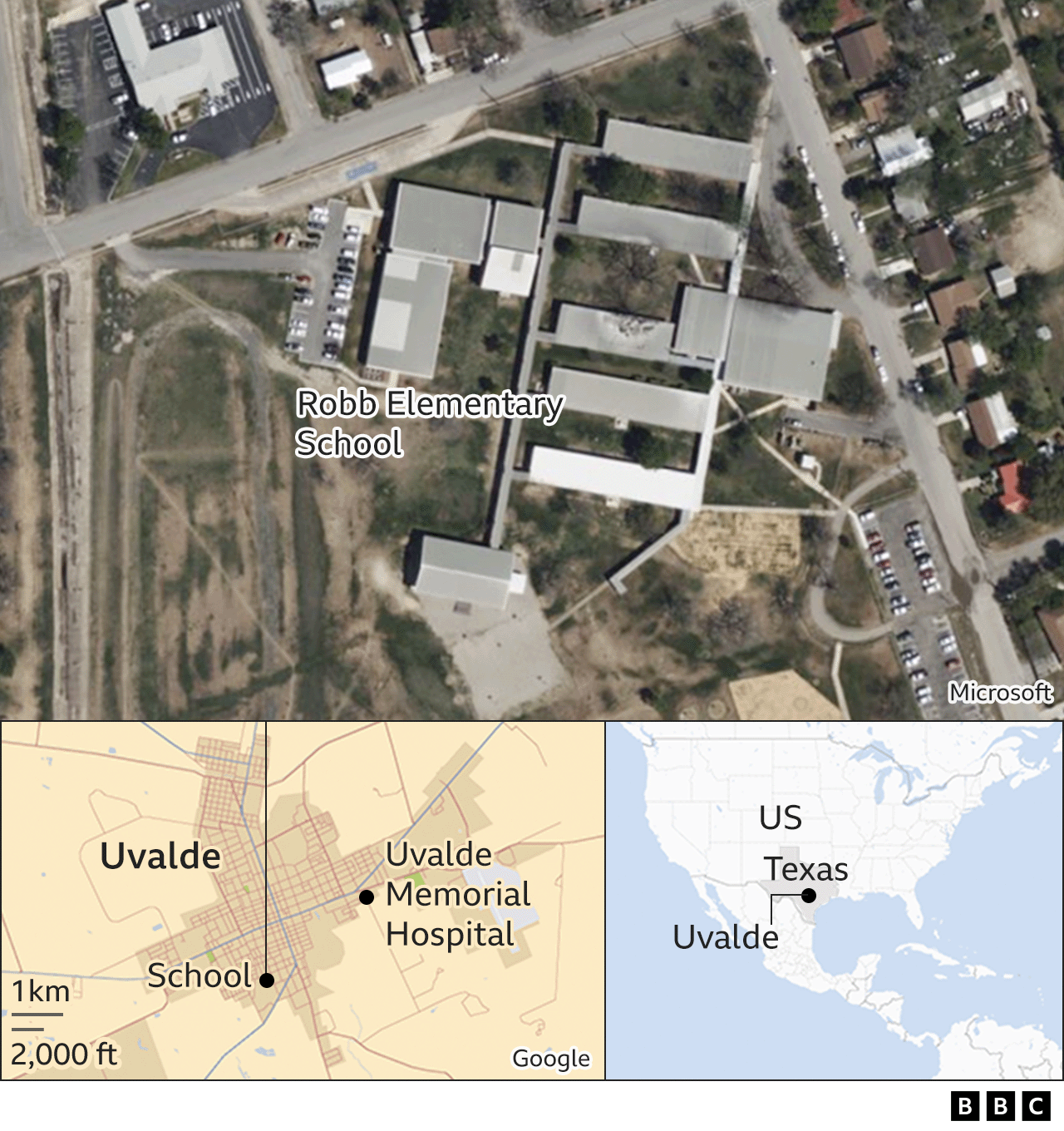 Map showing the location of the Robb Elementary School in Uvalde, Texas