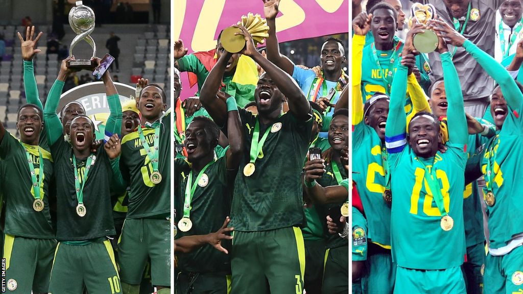 A triptych showing pictures of Senegal captains lifting the Under-17 Africa Cup of Nations, Africa Cup of Nations and African Nations Championship trophies