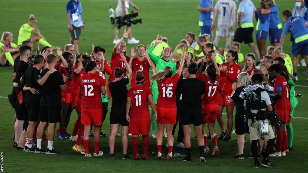 Canada's women's football team and coaches celebrate winning Olympic gold in Tokyo