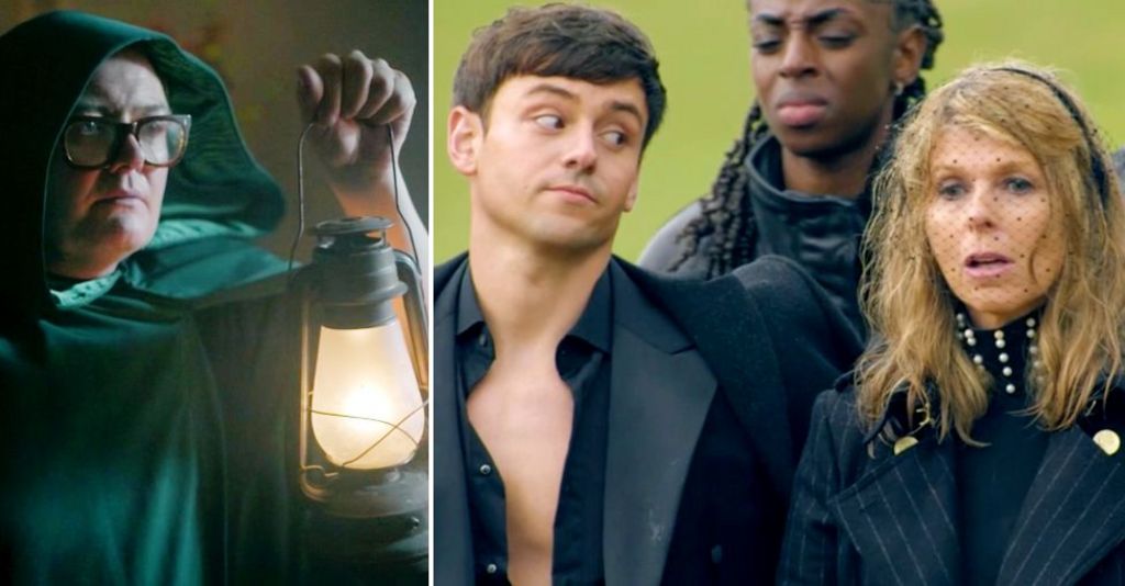 Alan Carr wearing a green cloak, and Tom Daley giving Kate Garraway the side-eye on Celebrity Traitors