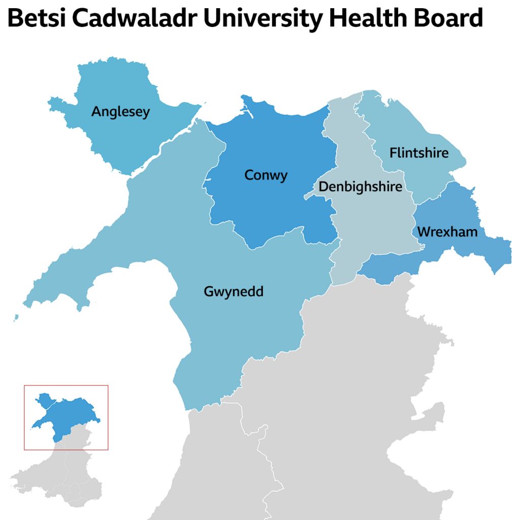 Map of the Betsi Cadwaladr health board area, showing it covers Gwynedd, Anglesey, Conwy, Denbighshire, Flintshire and Wrexham councils.
