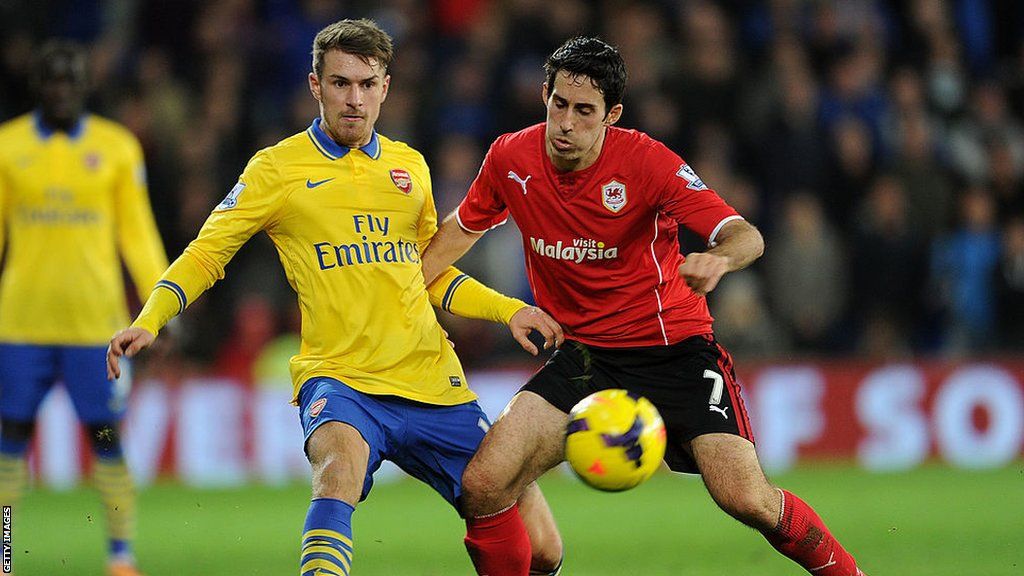 Aaron Ramsey of Arsenal and Peter Whittingam of Cardiff City