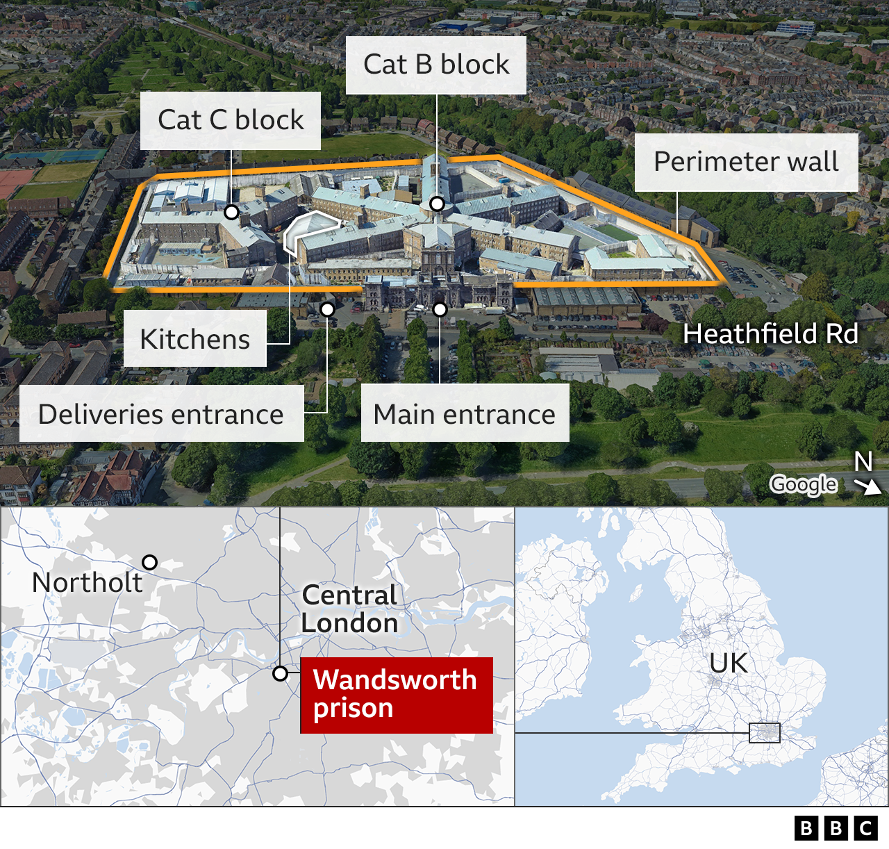Map showing Wandsworth prison and Northolt