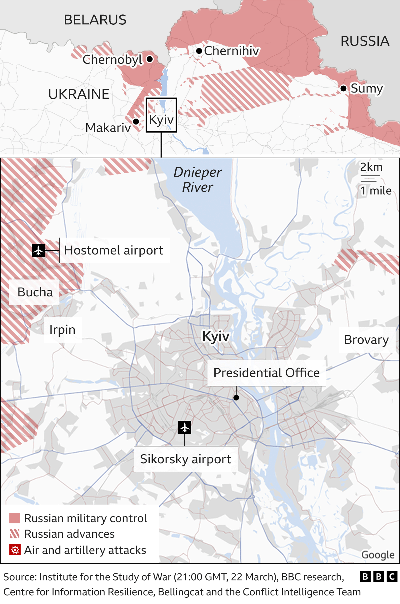 Map of Kyiv and the Russian advances in the north of Ukraine