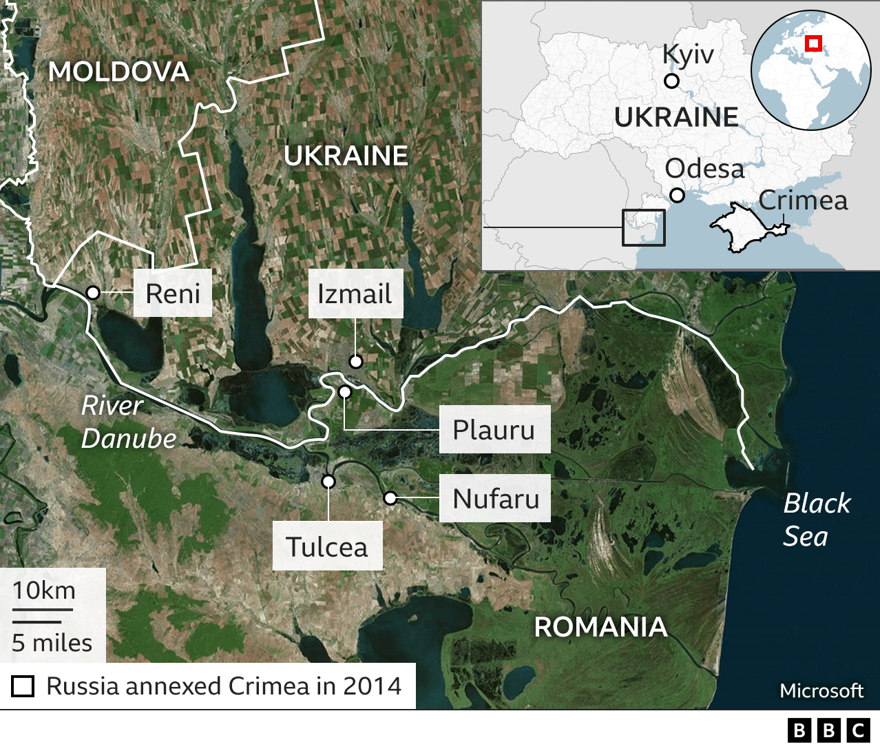 Map showing Ukraine's Danube ports and Romanian areas where suspected drone parts have been found