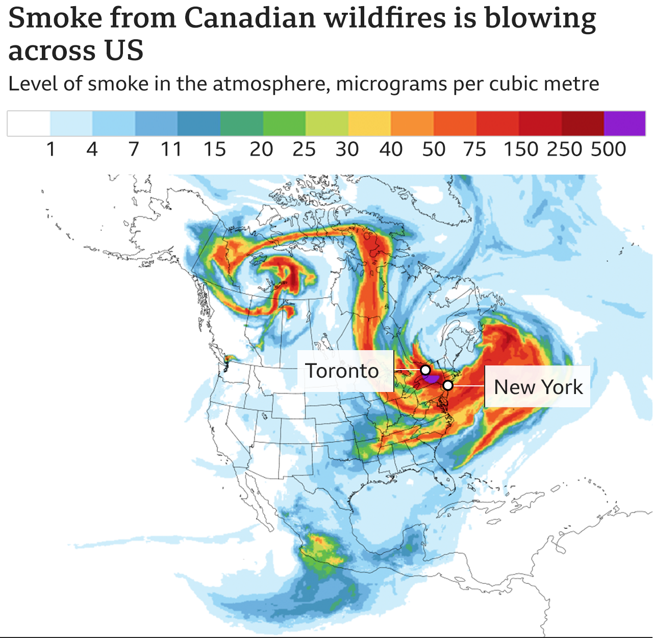 Graphic showing smoke clouds and air quality index ratings