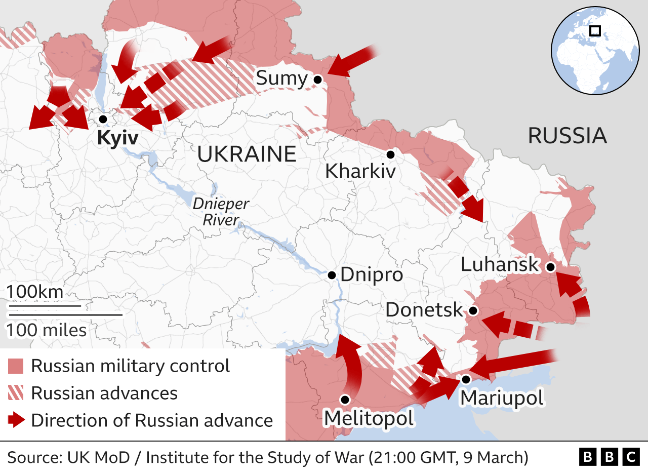 Map showing the Russian military advance into Ukraine from the east. Updated 10 March.