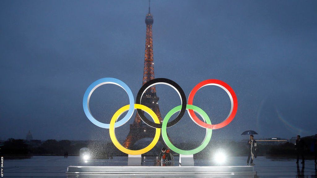 The Olympic rings on the esplanade of Trocadero in front of the Eiffel tower