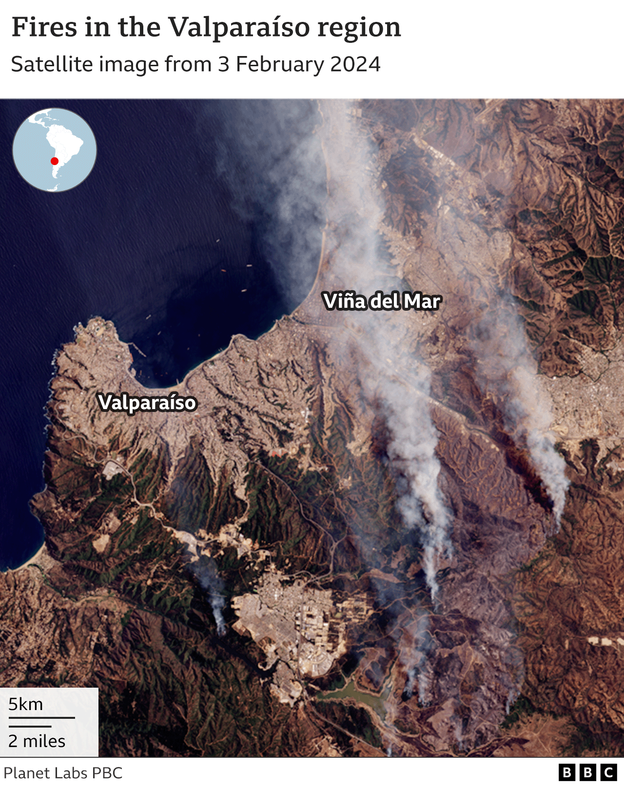 Satellite image shows fires in the Valparaíso region