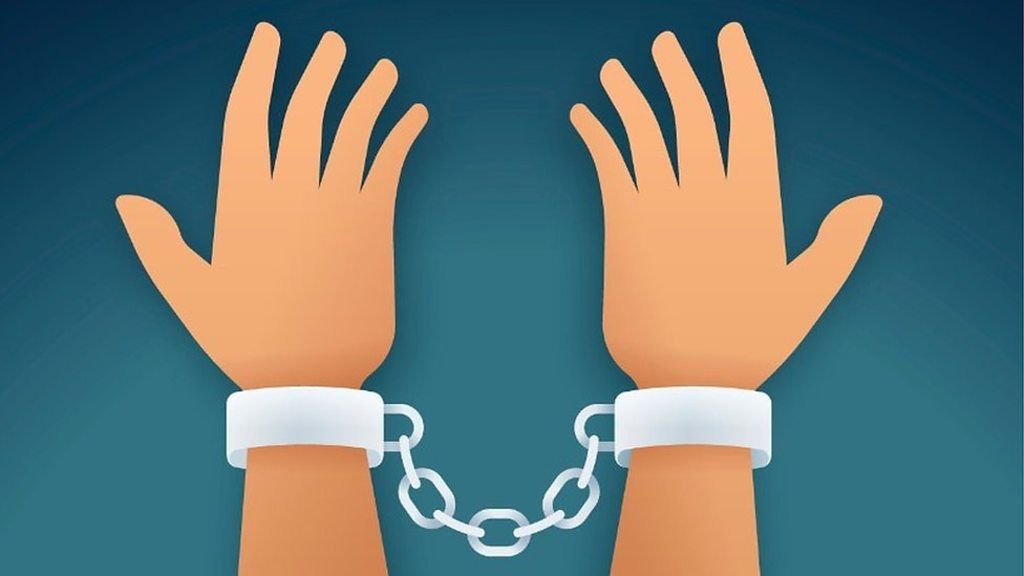 Illustrated hands in handcuffs