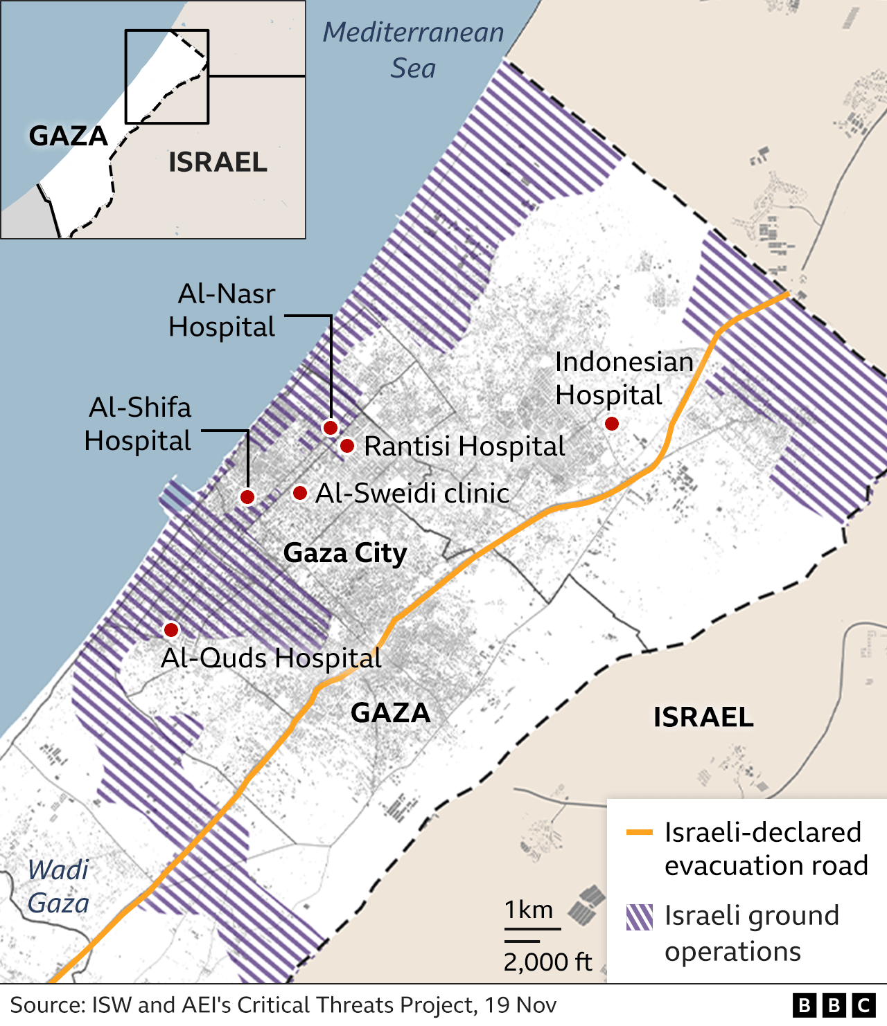 Map showing location of hospitals in northern Gaza and locations of Israeli ground operations (19 November 2023)