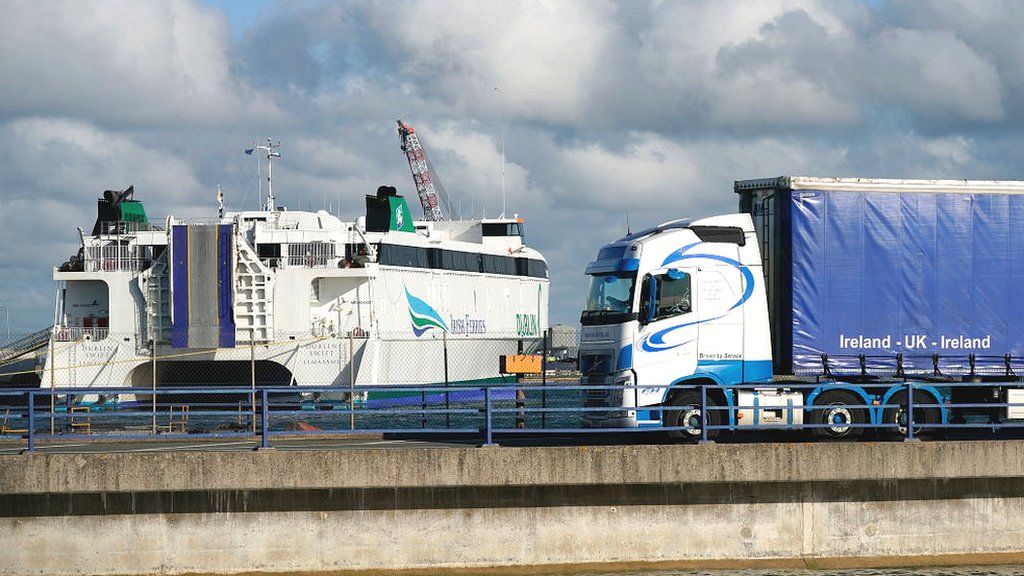 Lorry pulls towards Irish Ferries ferry at Holyhead, Anglesey, Wales, UK