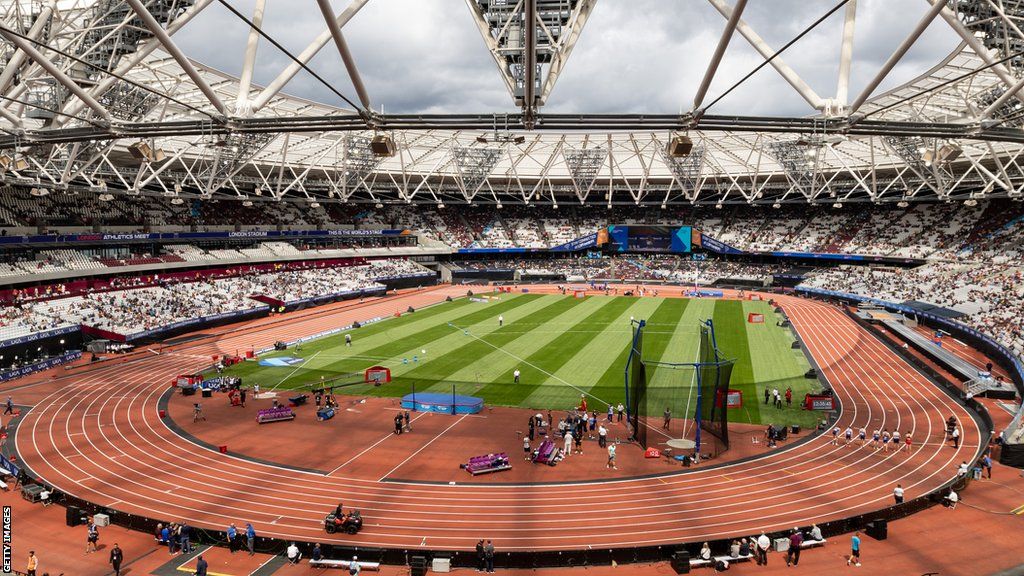 A wide view of the London Stadium with various athletics events taking place
