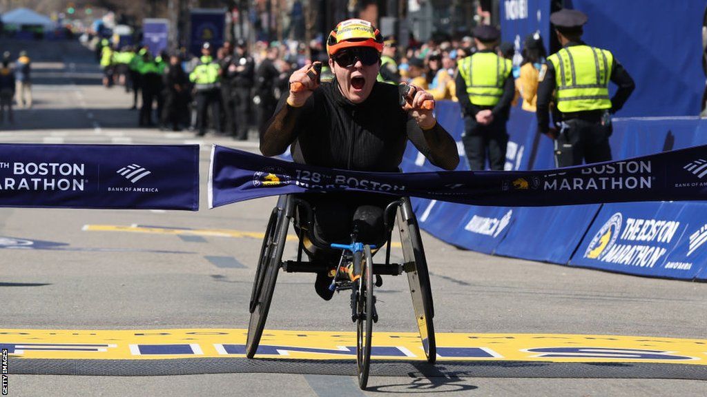 Eden Rainbow-Cooper wins the women's wheelchair race at the 2024 Boston Marathon