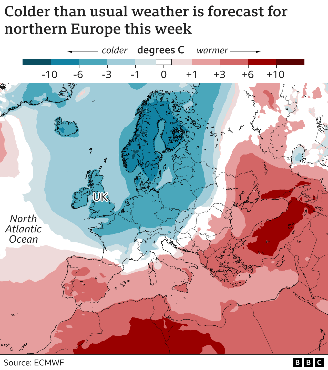 Map showing the UK is expected to be more than 3C colder than usual for this time of year next week