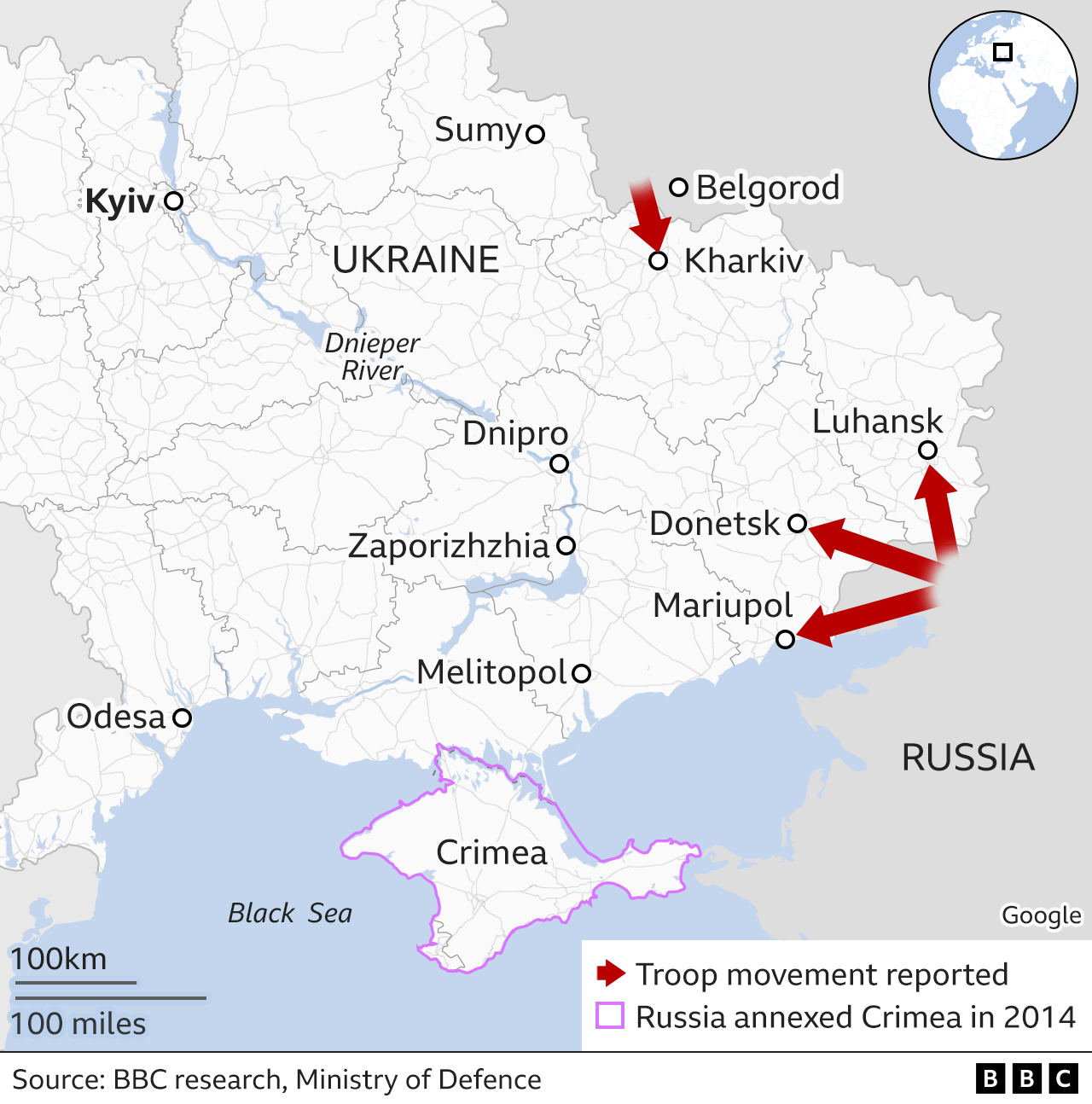 Map showing attack from the east. Updated 25 Feb.