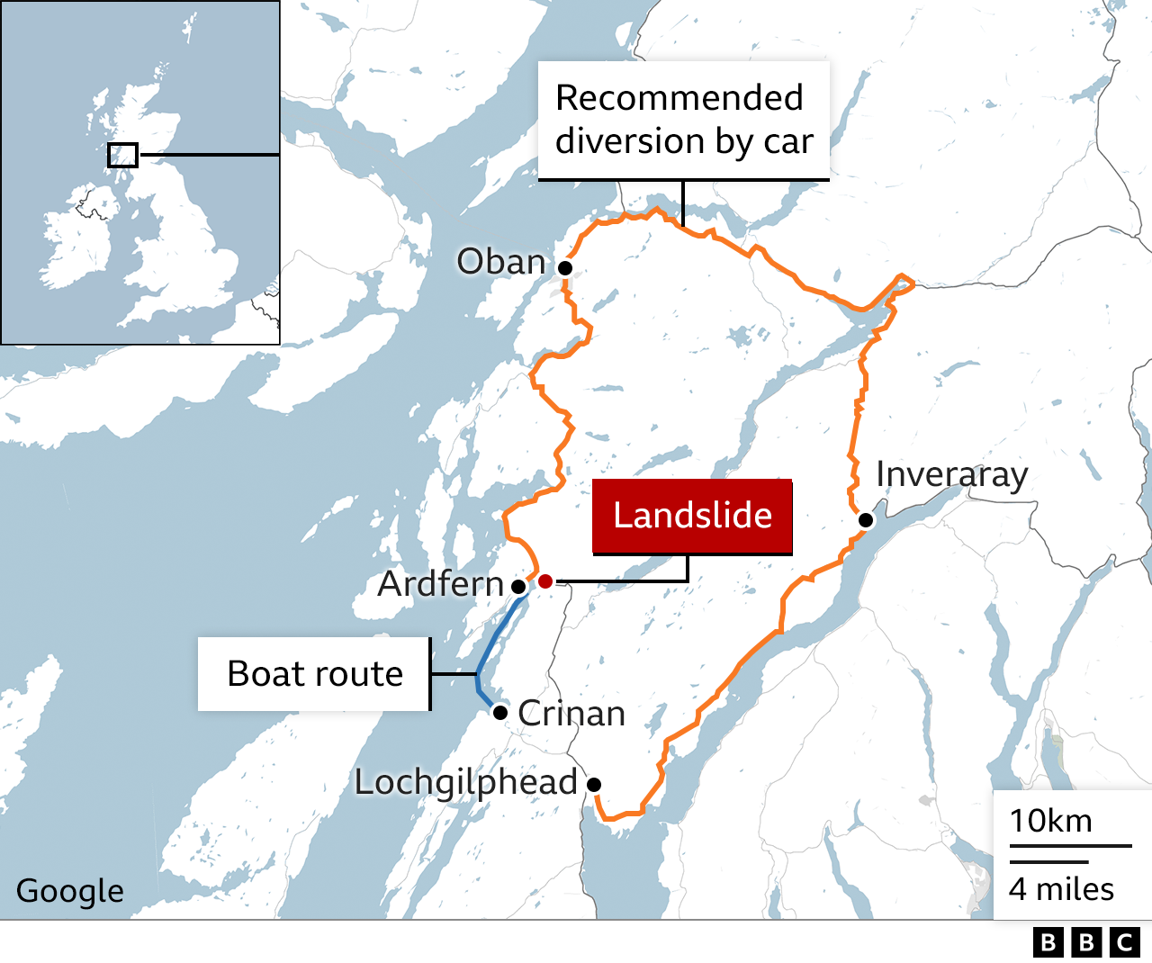 Map showing the recommended road diversion in place since the landslide near Ardfern