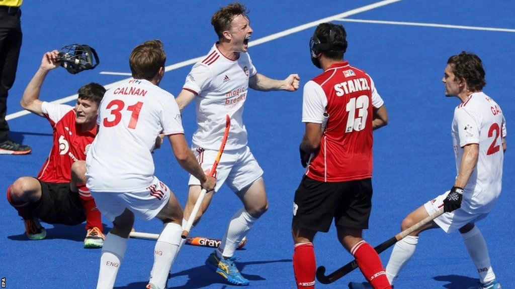 James Albery celebrates after scoring in England's win over Austria at the 2023 EuroHockey Championships