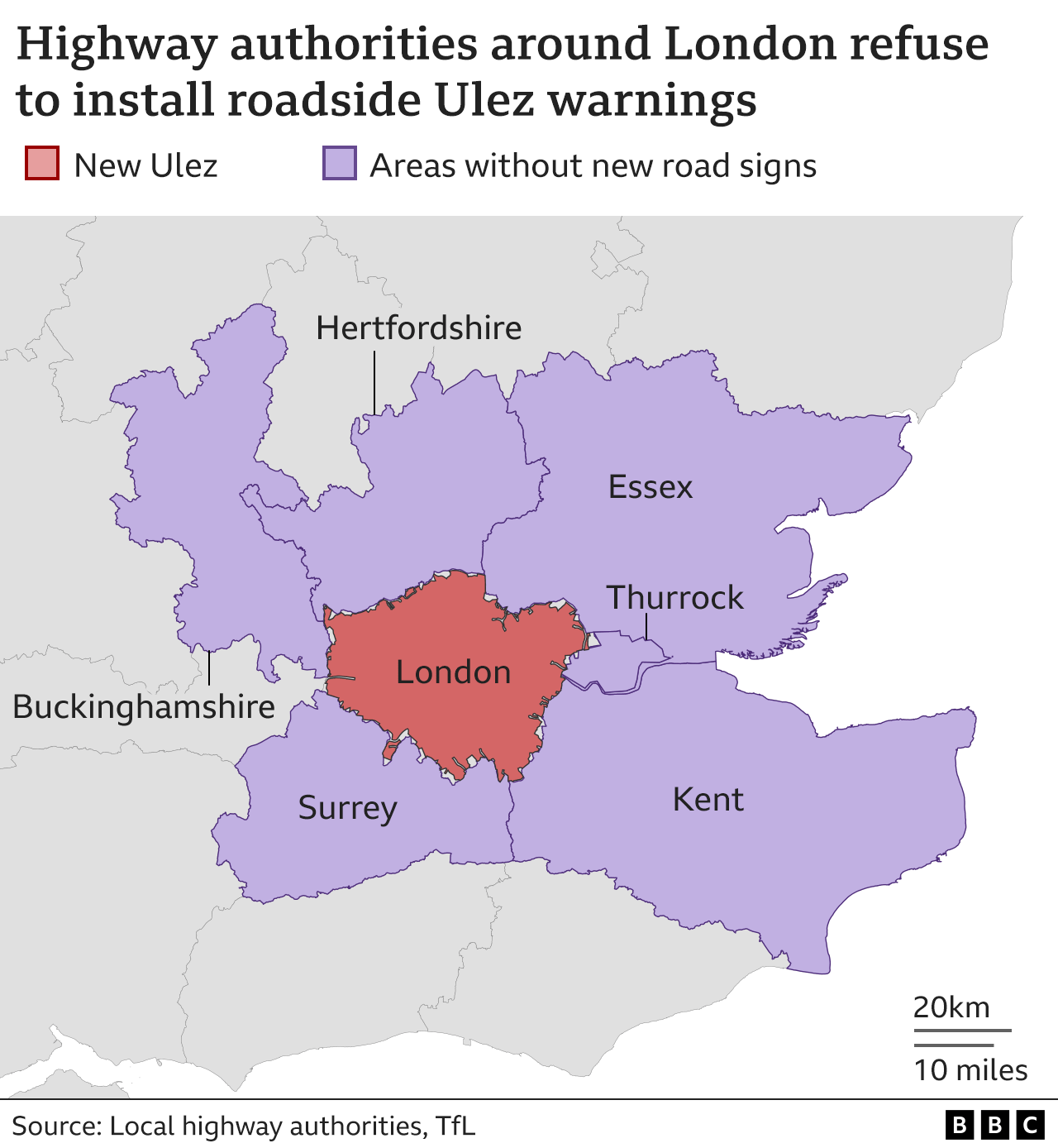 Map showing the six councils which have refused to install advanced-warning signs for Ulez. Clockwise: Buckinghamshire, Hertfordshire, Essex, Thurrock, Kent and Surrey