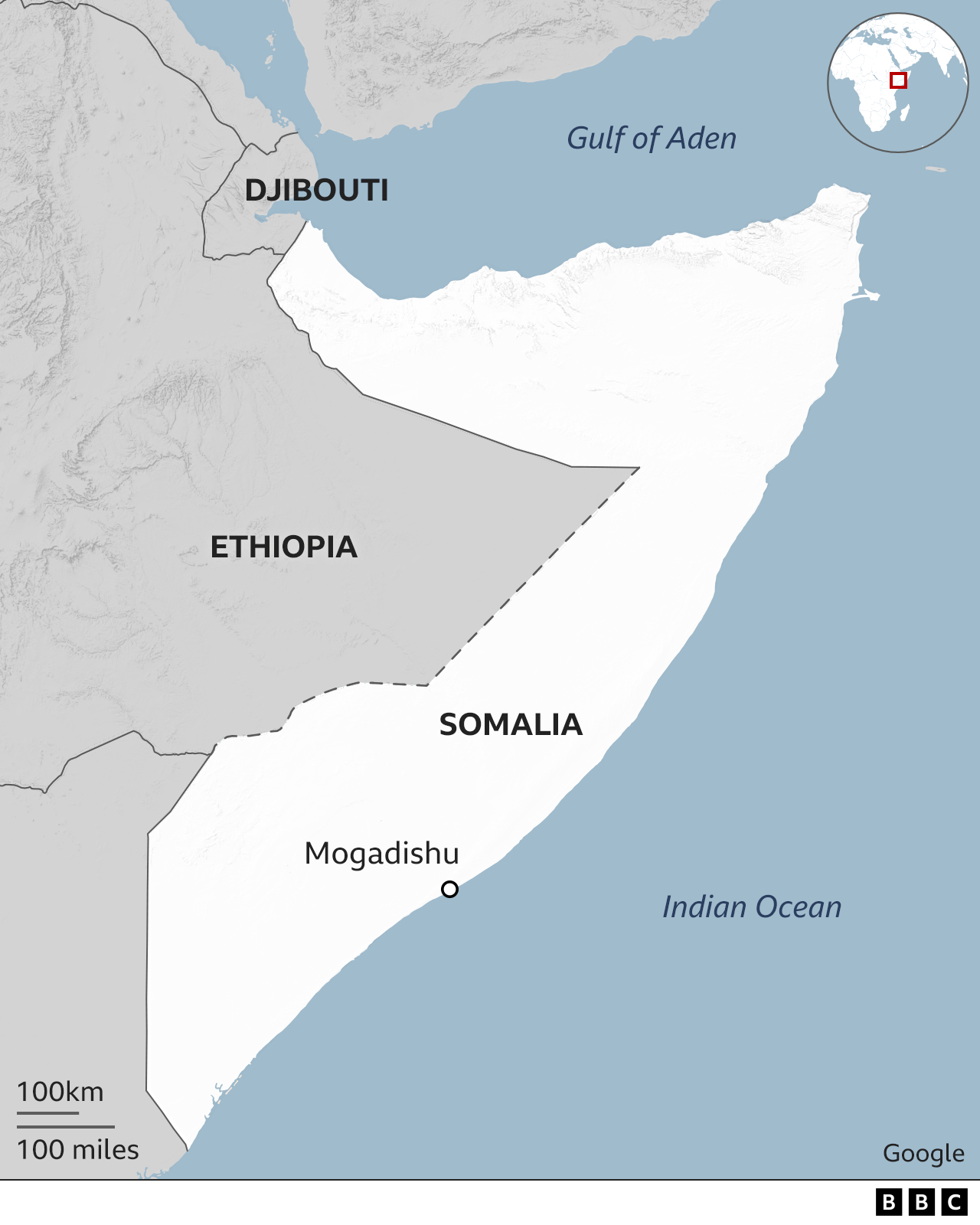 Map showing location of Somalia in relation to Ethiopia, Djibouti and the Indian Ocean