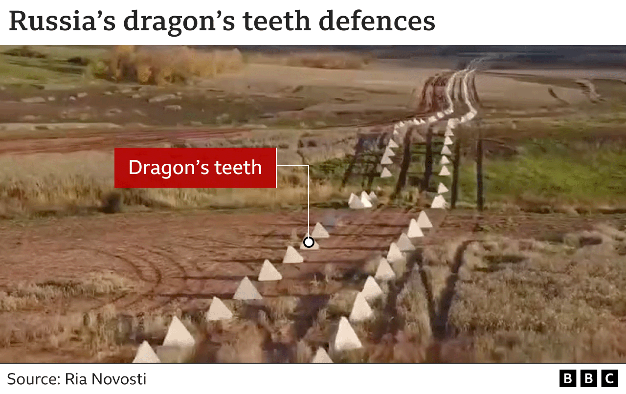 An image showing dragon's teeth concrete blocks stretching across a field.