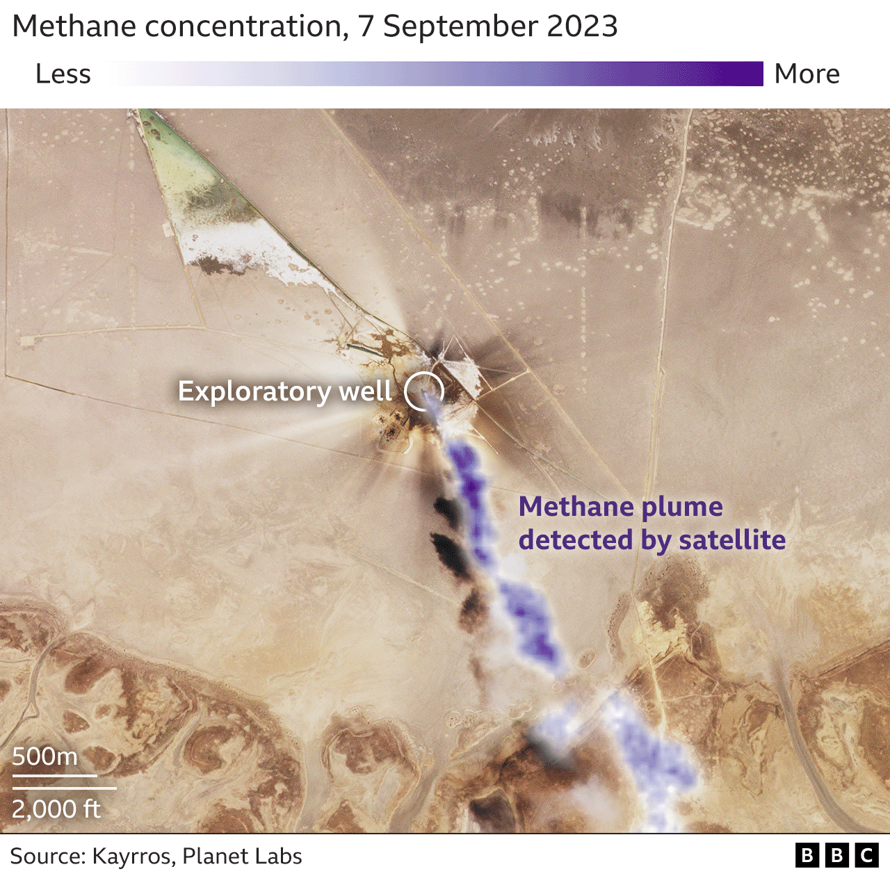 Map showing clouds of methane coming out of a natural gas well