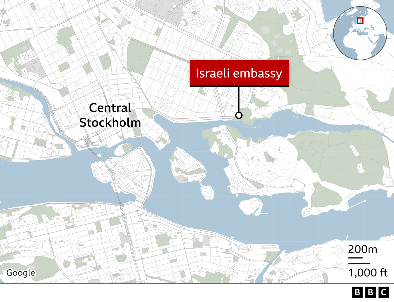 A BBC map shows the location of the Israeli embassy, to the immediate east of Stockholm city centre
