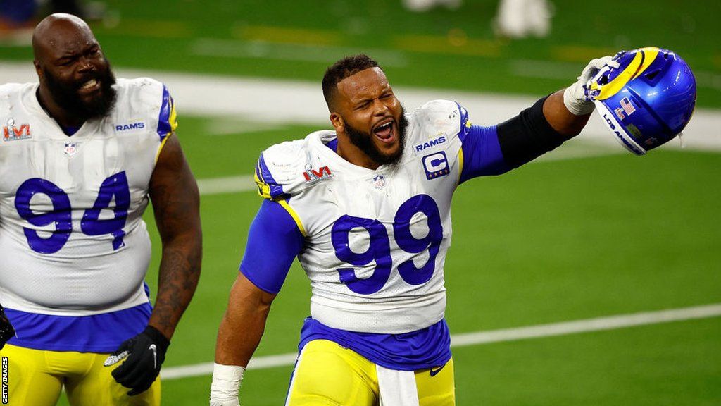 Aaron Donald celebrates winning Super Bowl 56 with the Los Angeles Rams