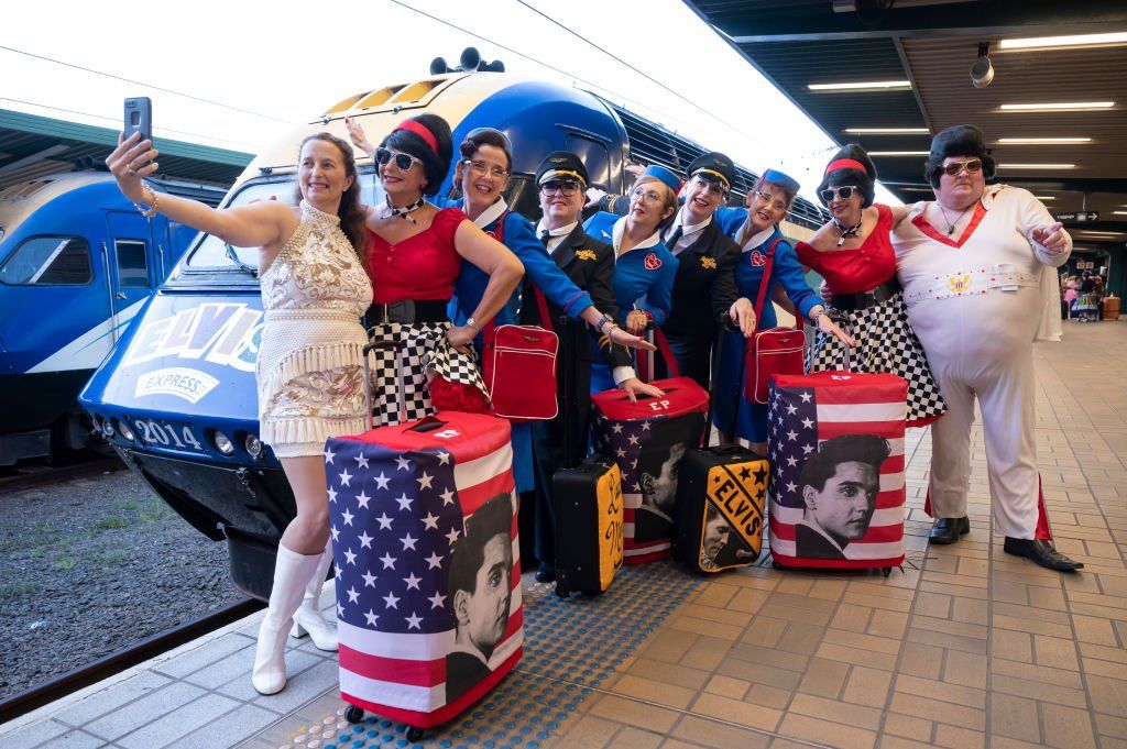 Elvis tribute artists arrive at Central station, Sydney, Australia ahead of boarding the Elvis Express to Parkes for the annual festival - 21 April, 2022.
