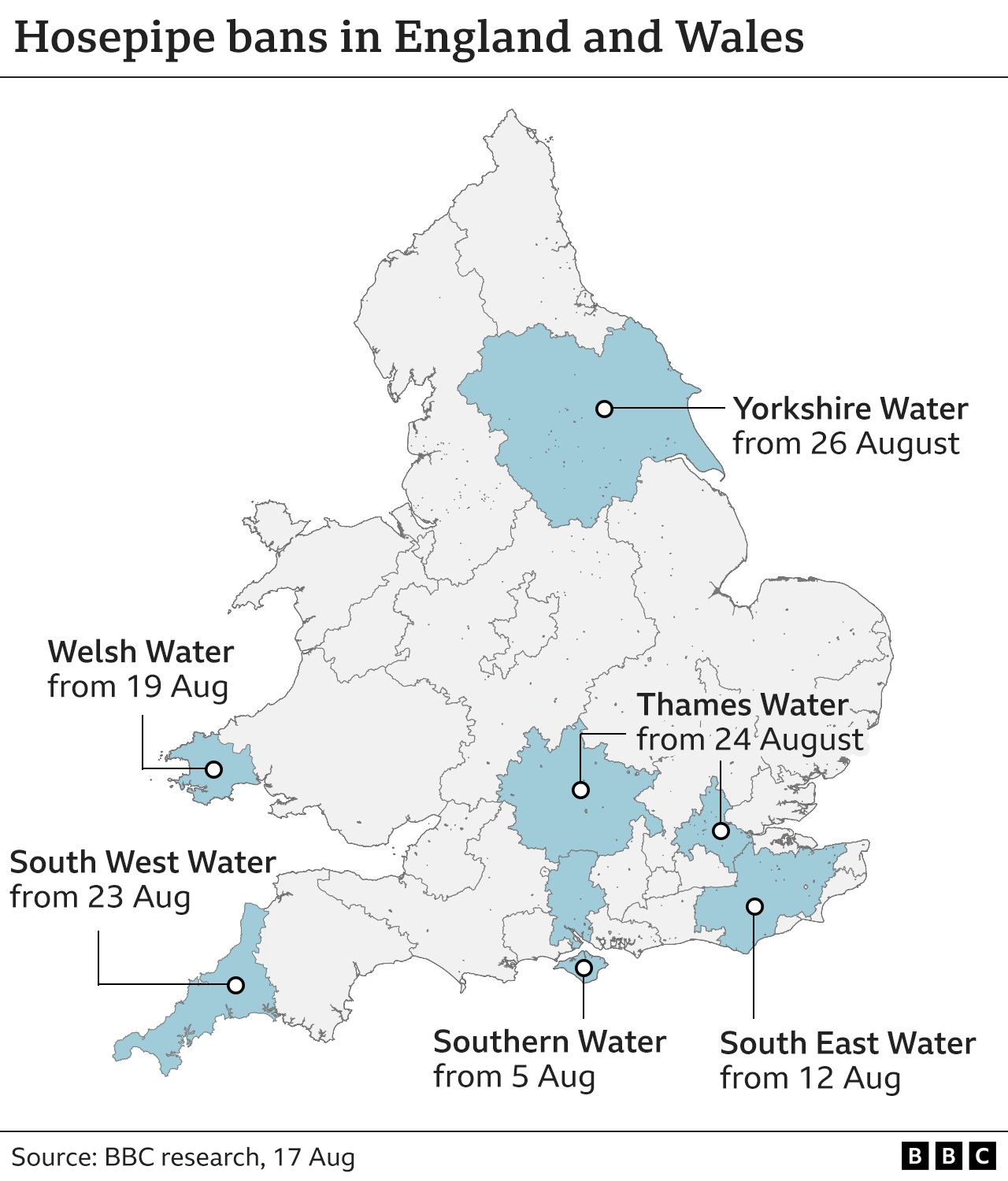 Map showing areas with hosepipe bans, as of 17 August
