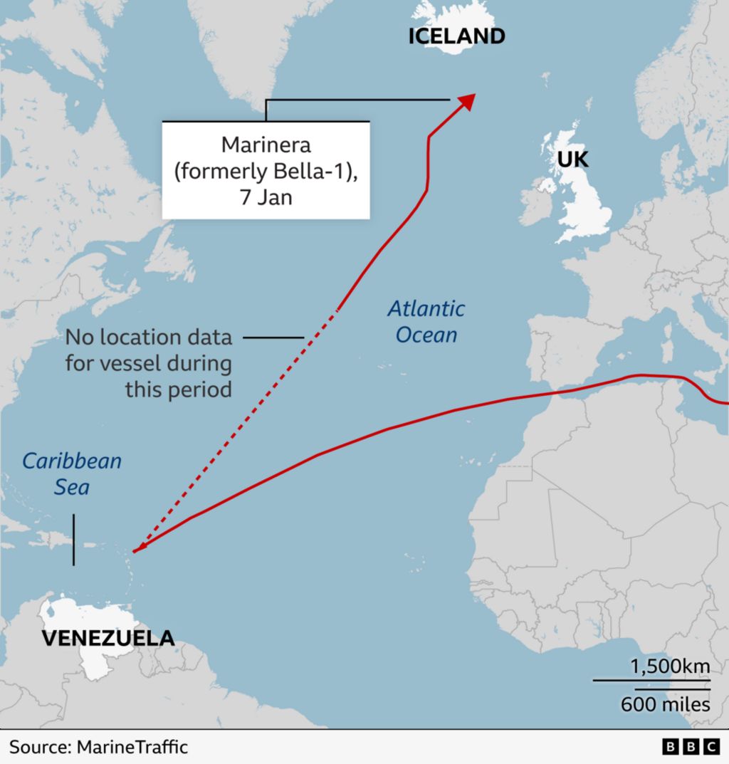 A map showing the location in the North Atlantic where the Marinera tanker was seized