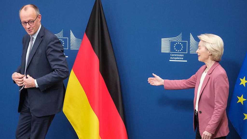 German Chancellor Friedrich Merz (L) is welcomed by the President of the European Commission, Ursula von der Leyen (R)
