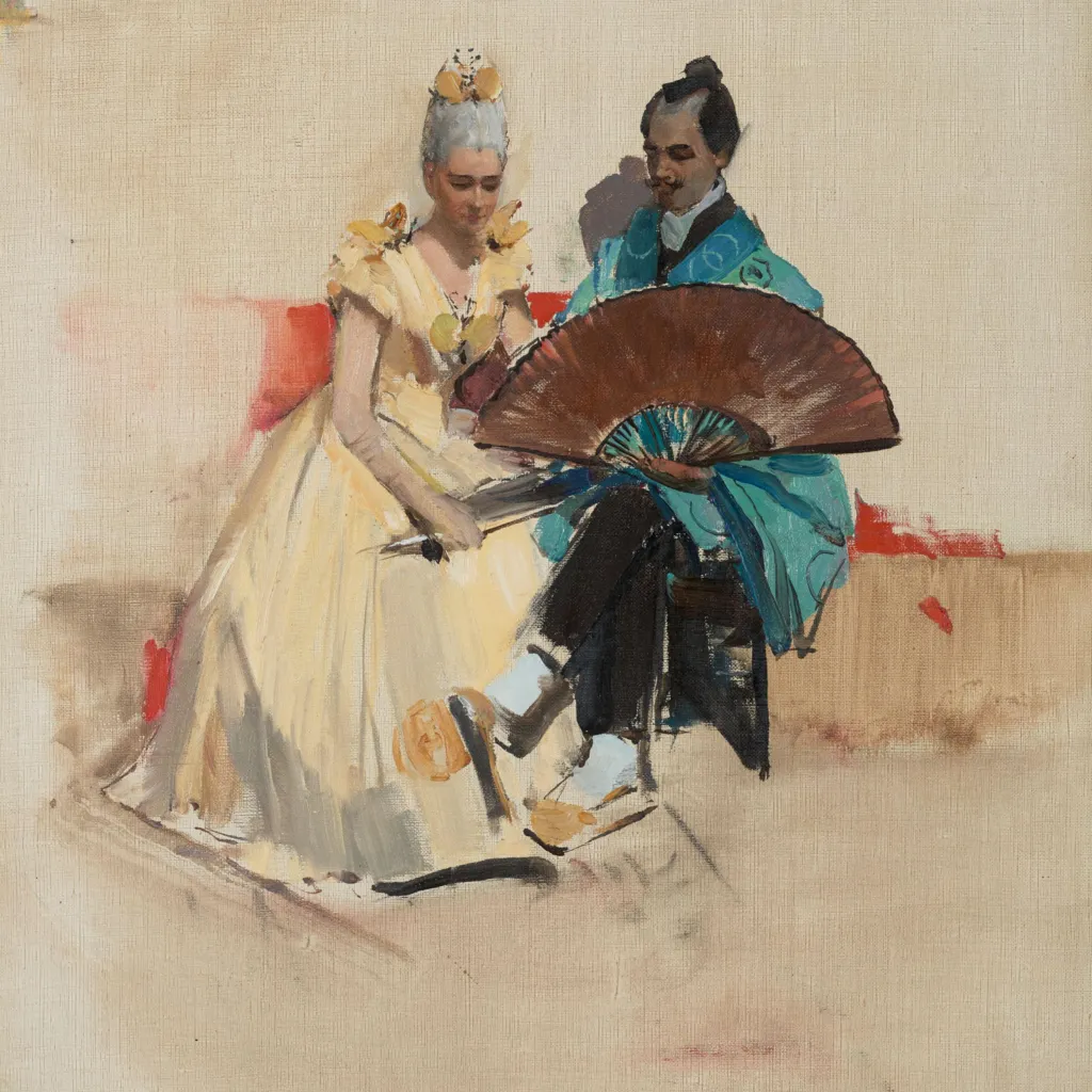 Sir John Lavery's painting Hokusai and the Butterfly. A woman wearing a white ballgown sits next to a man wearing a green kimono and holding a large fan.