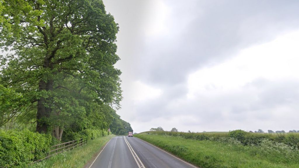 A rural North Yorkshire road. On the left are trees and a fence dividing the grass verge from private land. On the right are fields, separated from the grass verge by a hedgerow.