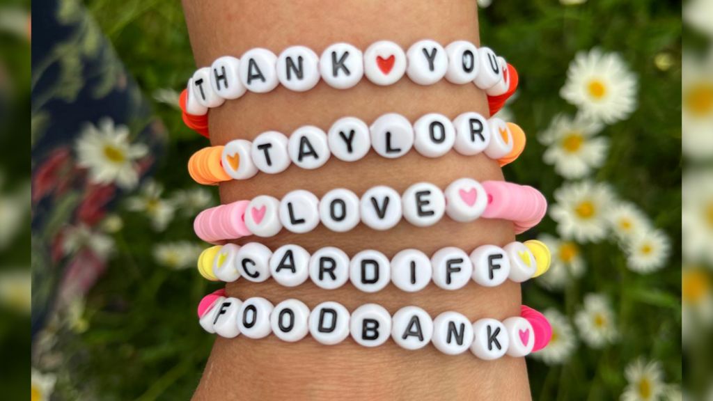 Cardiff Foodbank thanks Taylor Swift with a message written in friendship bracelet beads