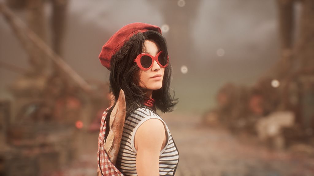 A screenshot from Clair Obscur shows a character with shoulder-length dark hair looking back over her shoulder at the viewer. She wears a red beret, large, red-rimmed sunglasses and a white tank top with thin grey stripes. A knapsack with a baguette poking out of it is slung over her shoulder.