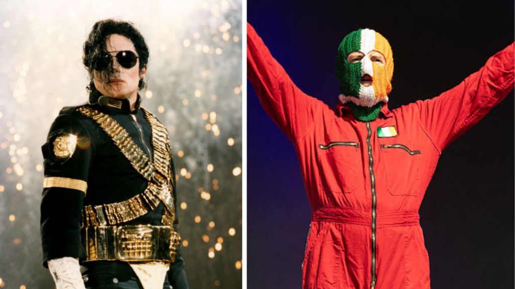 A composite image of Michael Jackson and DJ Próvaí, Jackson has black hair and is wearing a black and gold outfit. DJ Próvaí is wearing a green, white and orange balaclava and red boiler suit