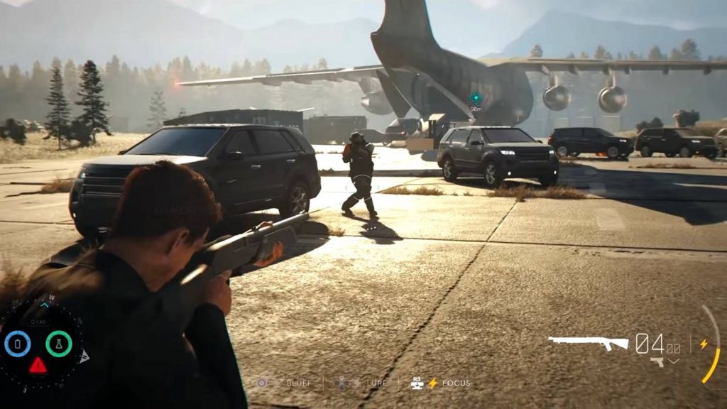 A still from the video game 007 First Light shows James Bond pointing a gun at an armoured henchman, while standing on an airstrip scattered with SUVs and a large cargo plane awaiting take-off.