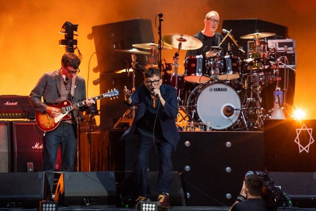 Drummer Dave Rowntree performing with Blur at Wembley Stadium in 2023.