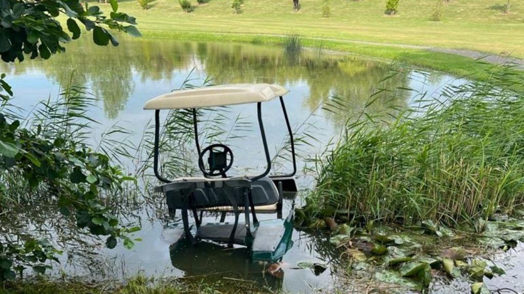 Golf buggy in a pond
